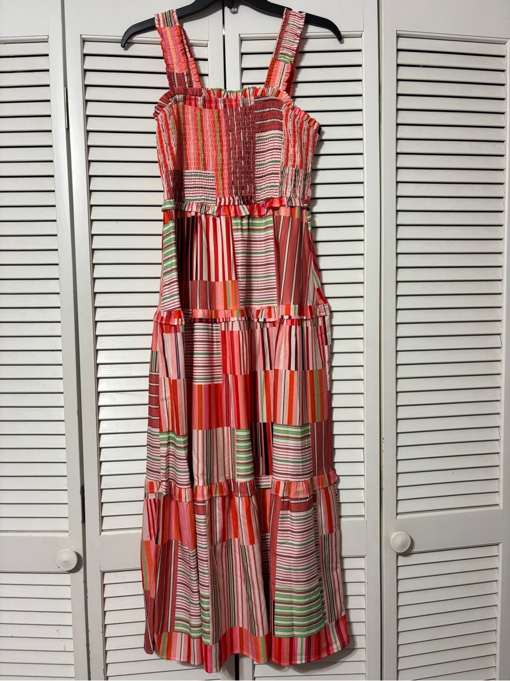 SHEIN Multicolor Striped Patchwork Maxi Dress in Coral, Pink, Green